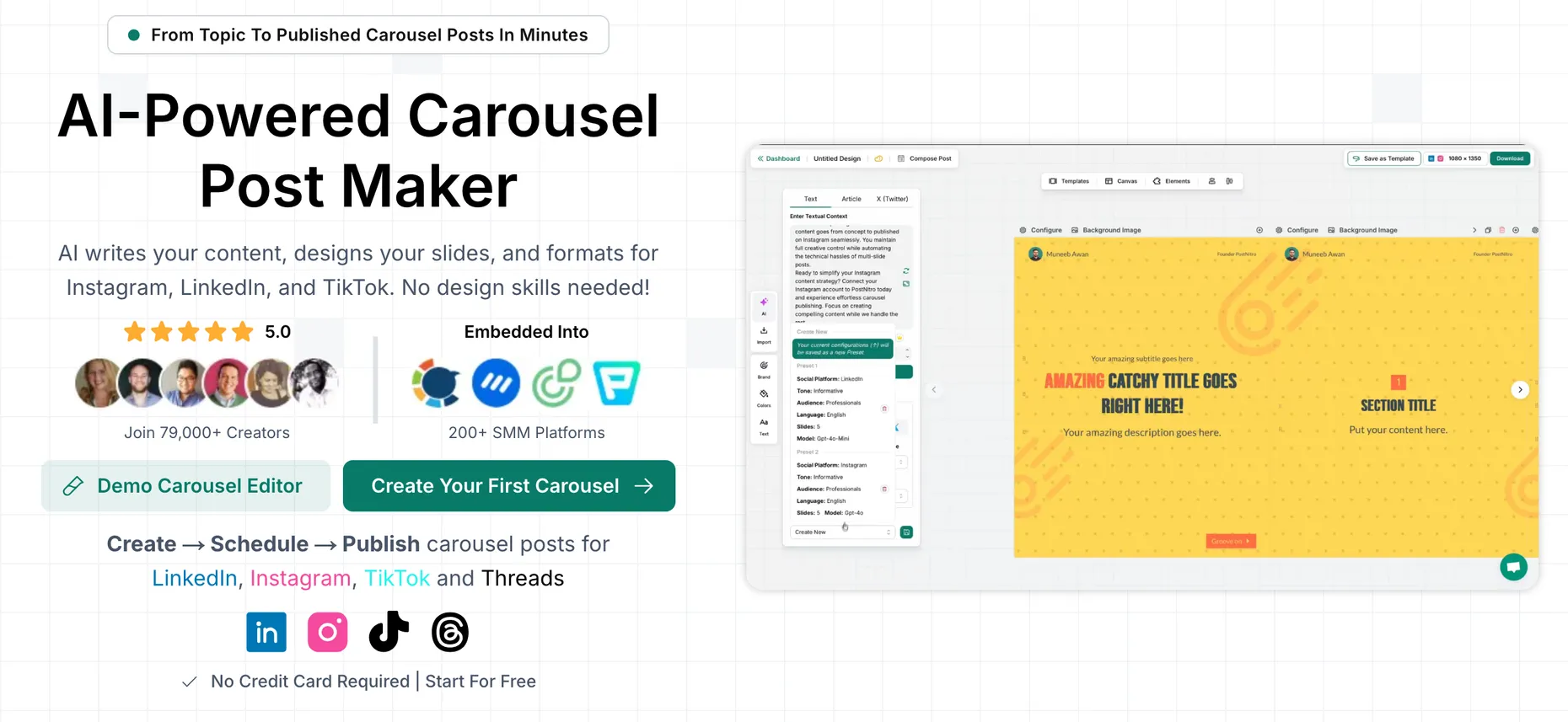 PostNitro homepage showing its AI-powered carousel post maker and editor with a sample slide
