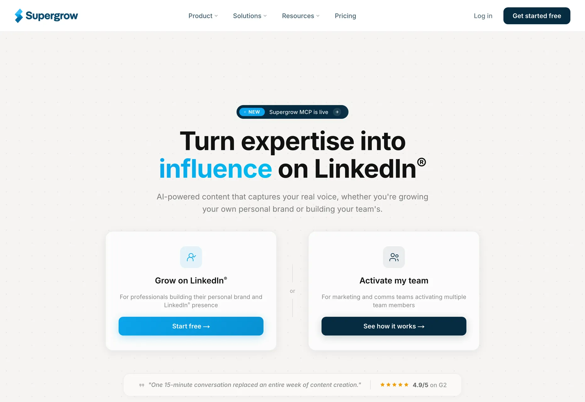 Supergrow homepage, a LinkedIn personal-branding tool rated 4.9 on G2