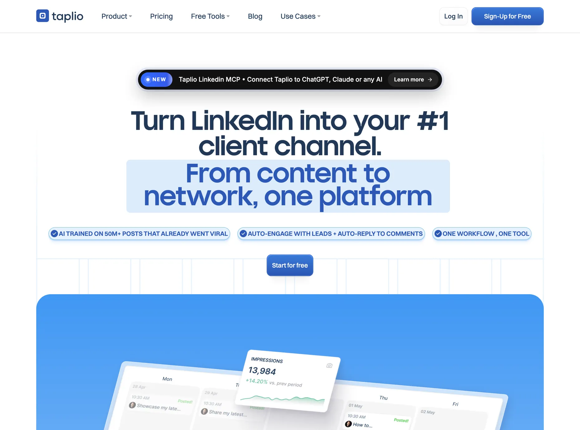 Taplio homepage showing its LinkedIn content scheduling dashboard and analytics