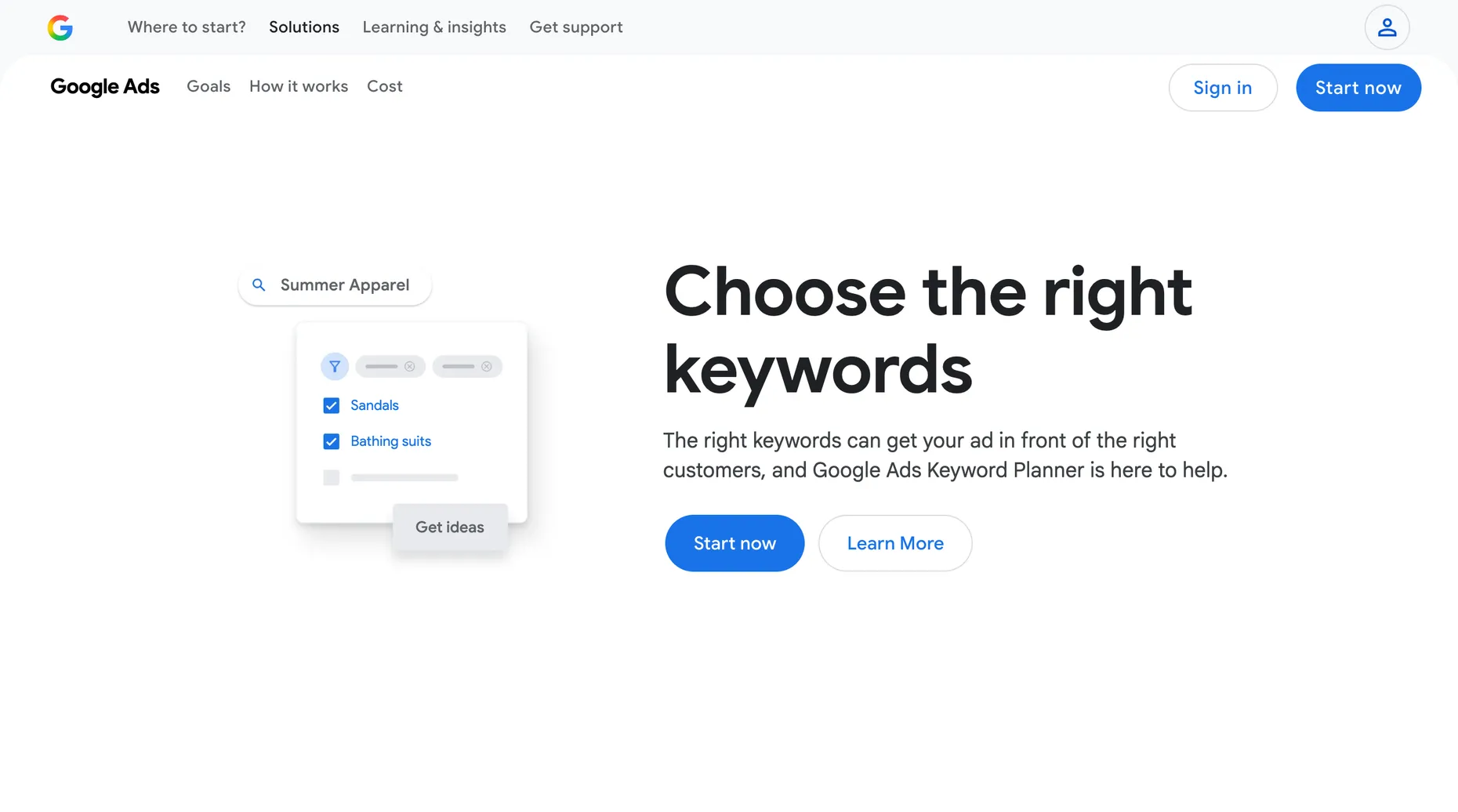 Google Keyword Planner page for researching keywords