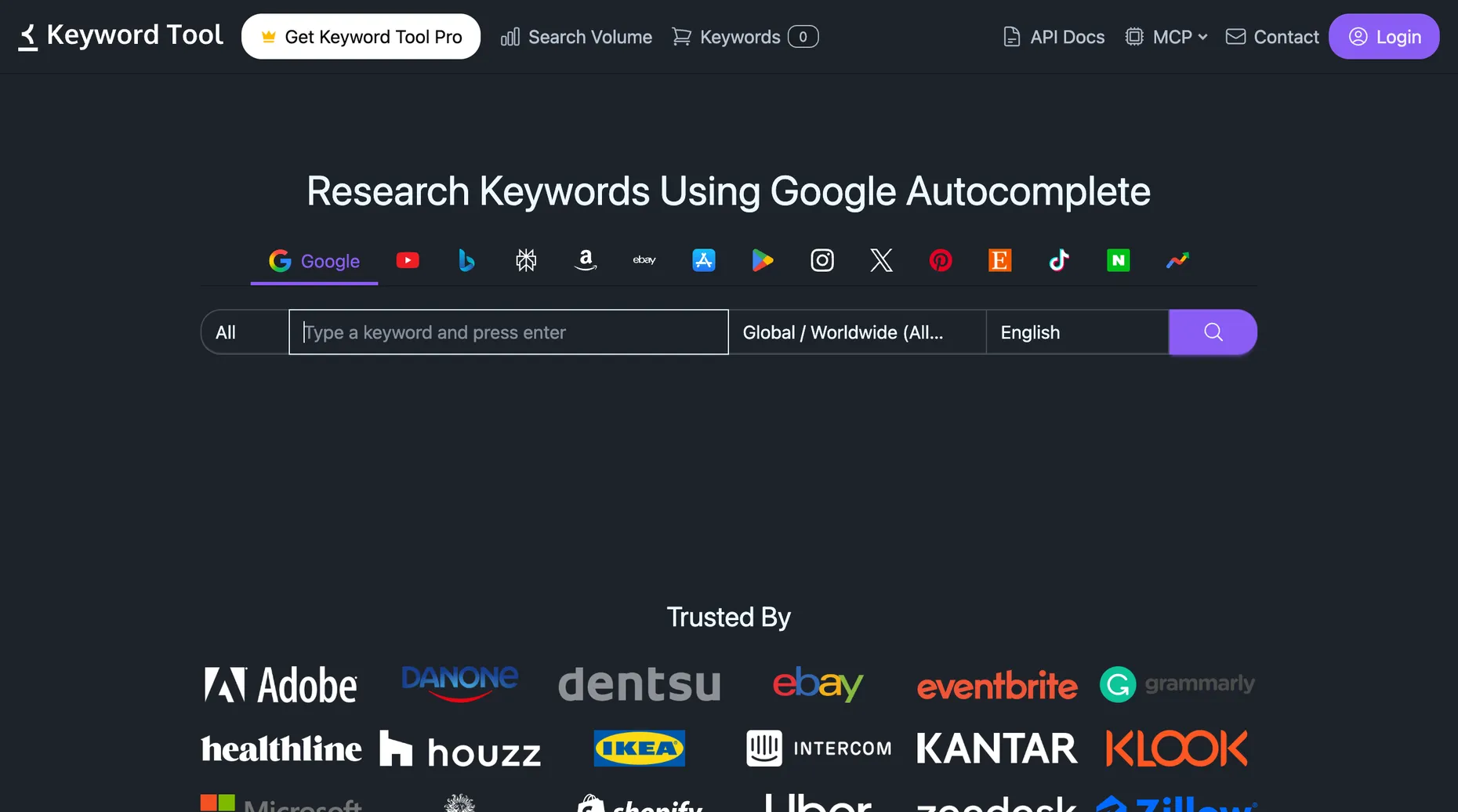 Keyword Tool homepage showing keyword research from Google autocomplete