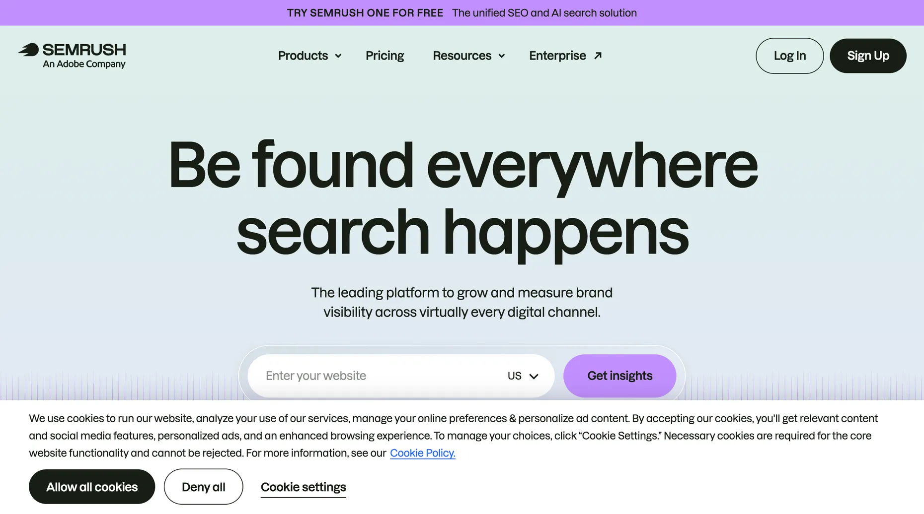 SEMrush homepage, an all-in-one SEO platform with keyword and topic research tools