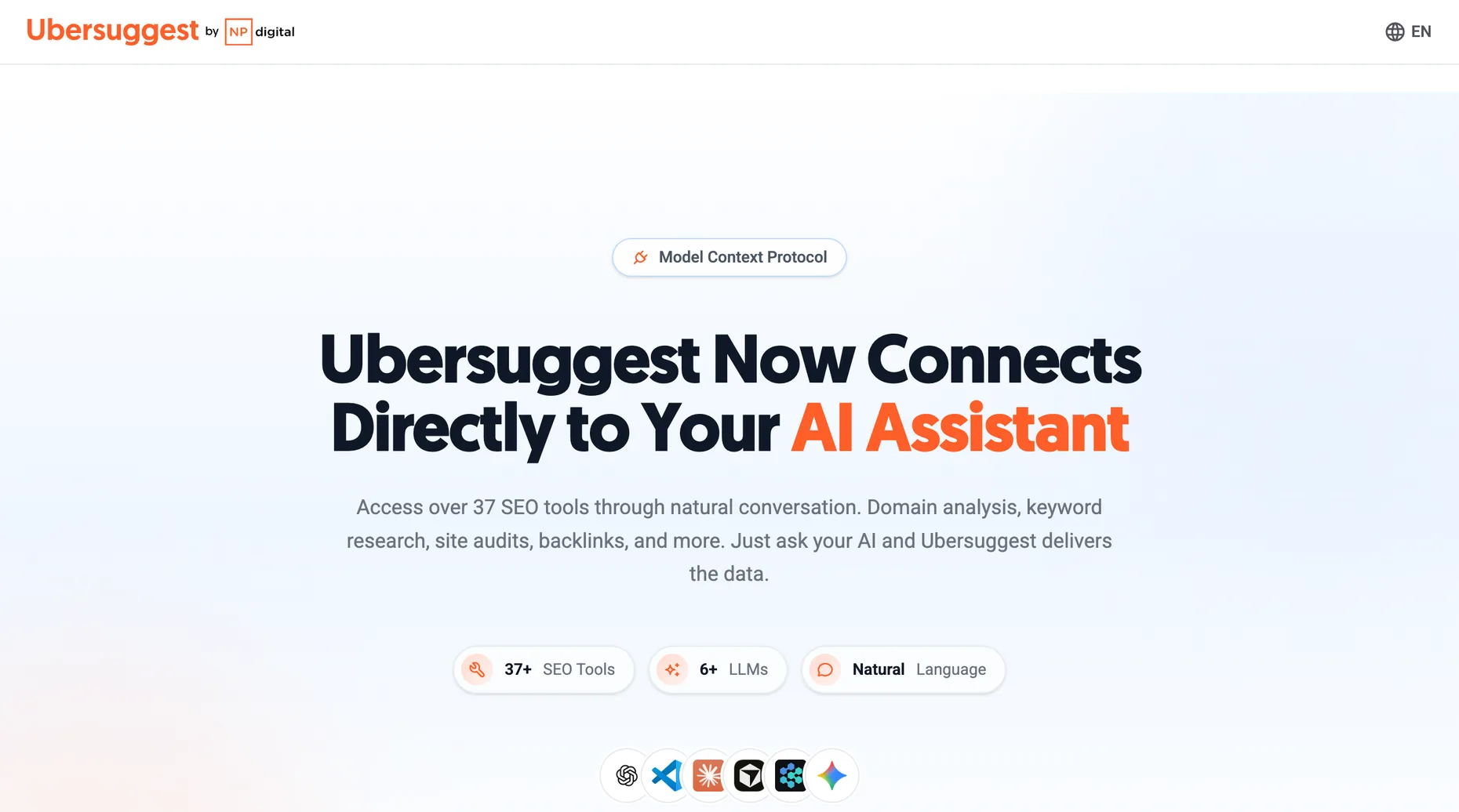 Ubersuggest MCP server page showing it connects keyword data to AI assistants like Claude and ChatGPT
