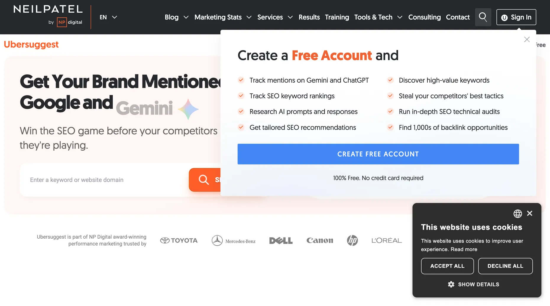 Ubersuggest free keyword research tool homepage