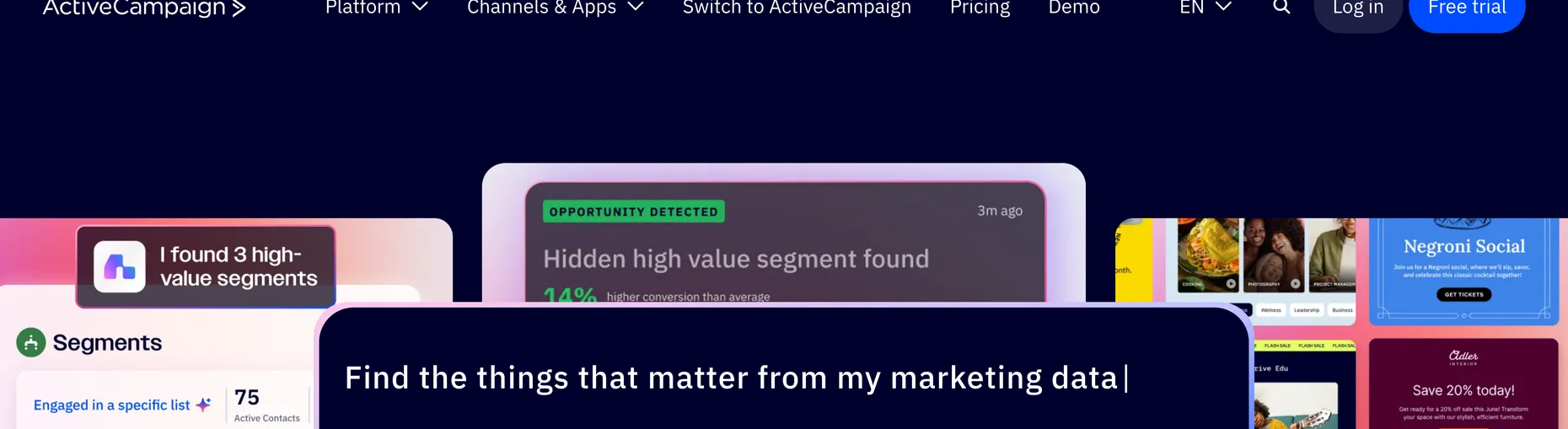 ActiveCampaign homepage showing AI-powered segment building and high-value customer segments