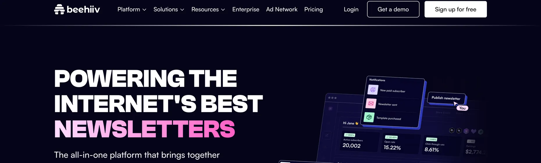 Beehiiv homepage: Powering the internet's best newsletters, the all-in-one platform to grow and earn