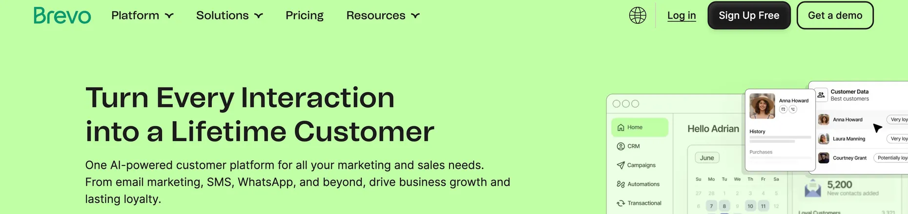 Brevo homepage: Turn every interaction into a lifetime customer, one AI-powered platform for email, SMS and WhatsApp