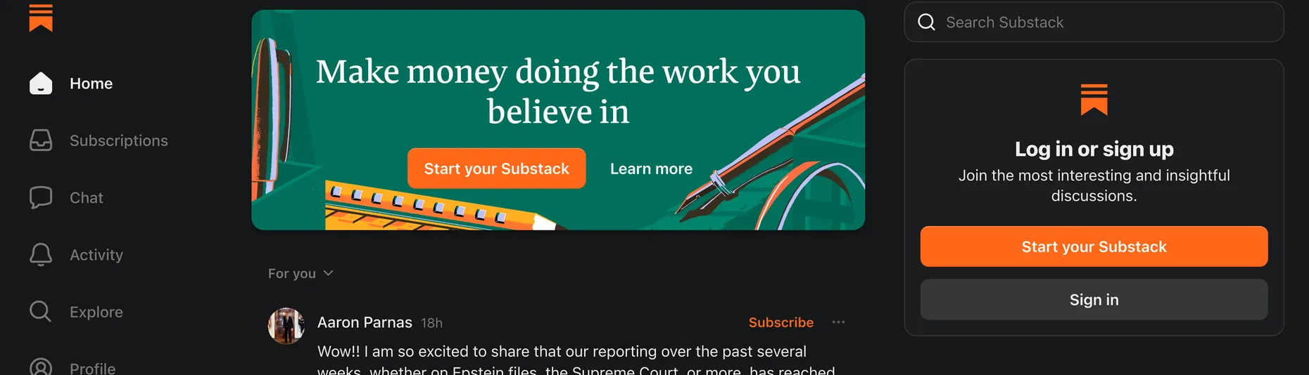 Substack homepage: Make money doing the work you believe in, with the Notes discovery feed