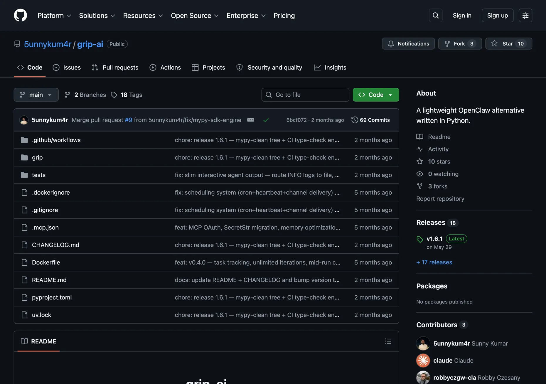 The Grip AI GitHub repository, a lightweight OpenClaw alternative written in Python