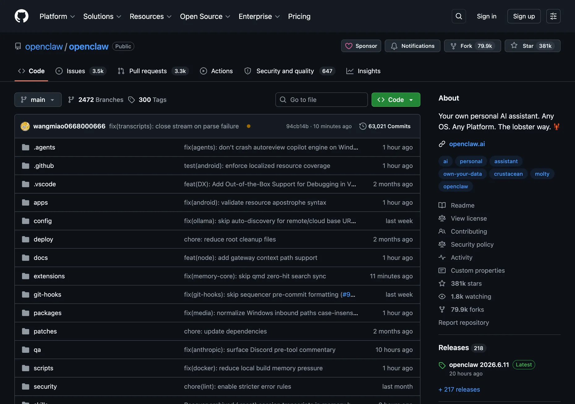 The OpenClaw GitHub repository showing 381,000 stars and 63,021 commits