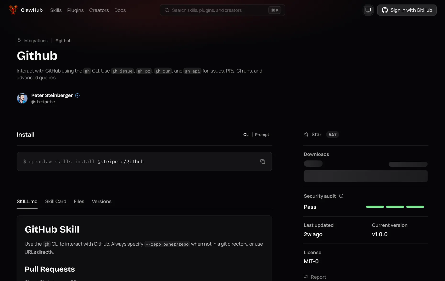 The GitHub skill page on ClawHub showing the openclaw skills install @steipete/github command, author Peter Steinberger, and a passing security audit