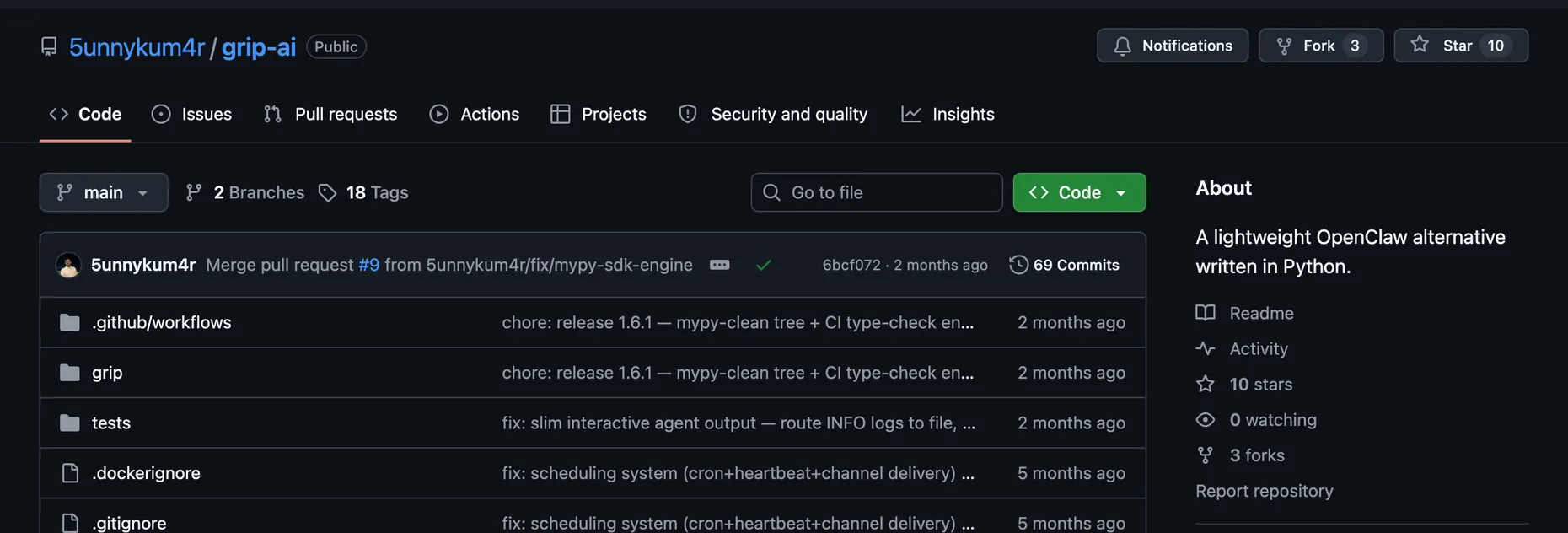 The Grip AI GitHub repository, a lightweight OpenClaw alternative written in Python with built-in tools