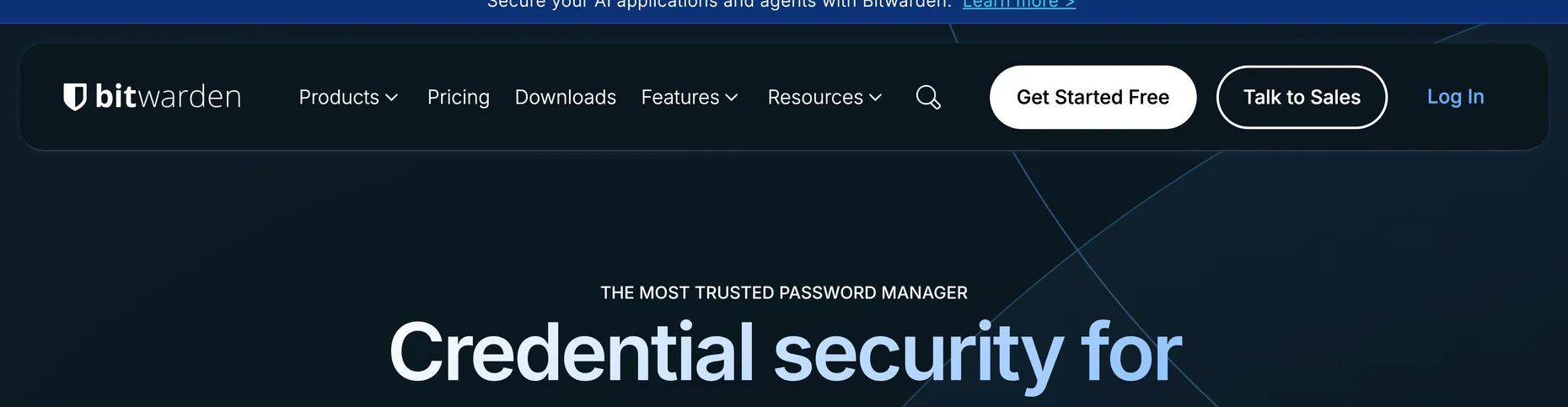 Bitwarden homepage: Credential security for humans, agents and machines, the most trusted password manager, open source and end-to-end encrypted