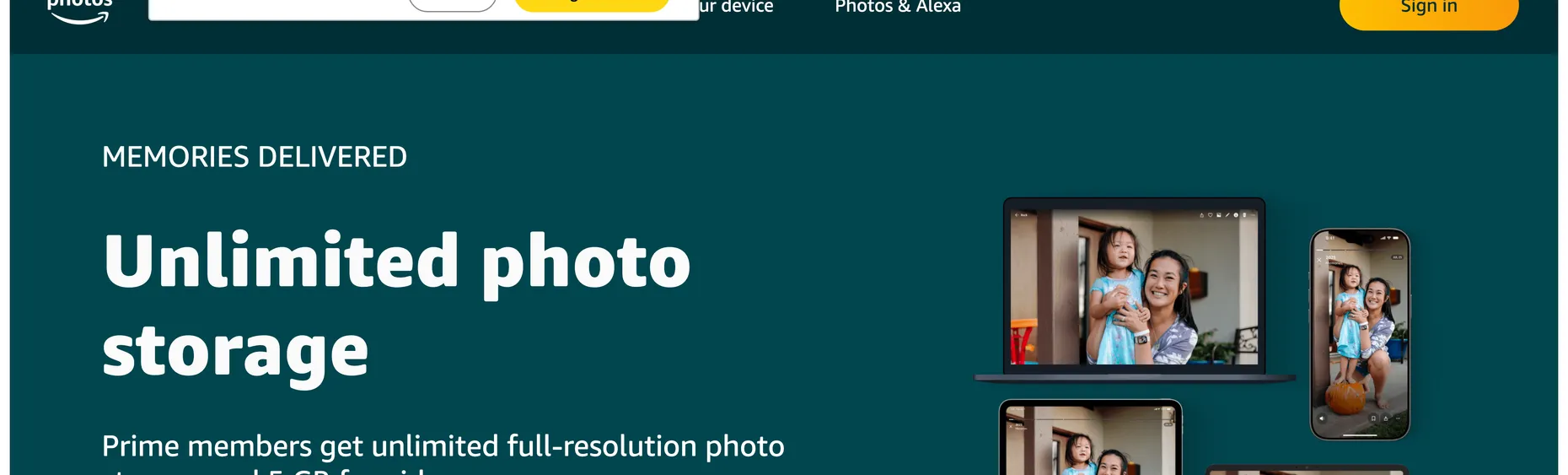 Amazon Photos page: Unlimited photo storage, Prime members get unlimited full-resolution photo storage and 5 GB for video