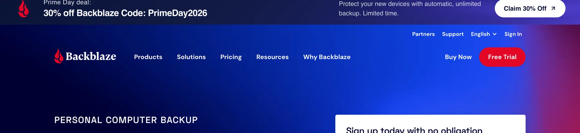 Backblaze Personal Computer Backup page: Unlimited, Simplified, Secure Personal Online Backup Cloud Storage, with automatic backup of computers and external drives