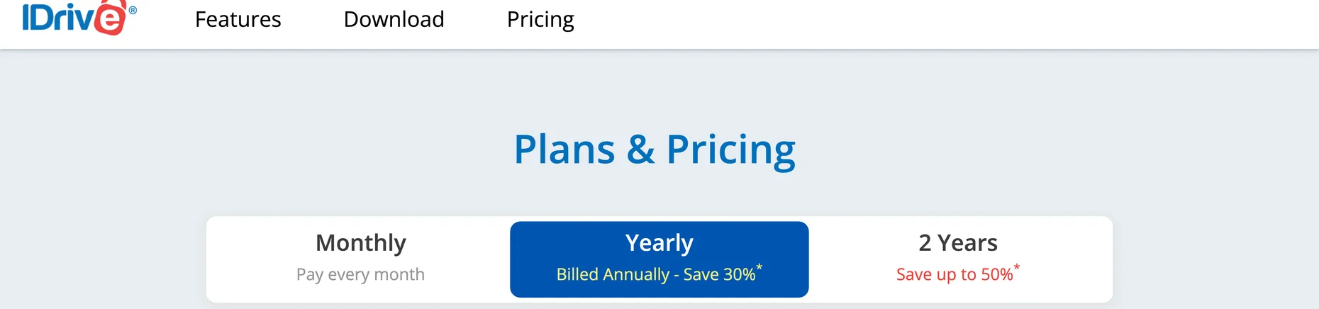 iDrive Plans and Pricing page with Monthly, Yearly and 2-Year billing toggles and the iDrive Personal plan column