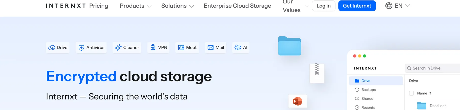 Internxt homepage: Encrypted cloud storage, Securing the world's data, with badges for complete privacy suite, post-quantum encryption and open source and audited, from $1.99 a month
