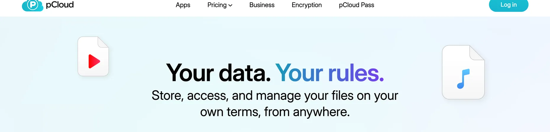 pCloud homepage with the headline Your data. Your rules. and a sign-up box offering 10GB of free storage
