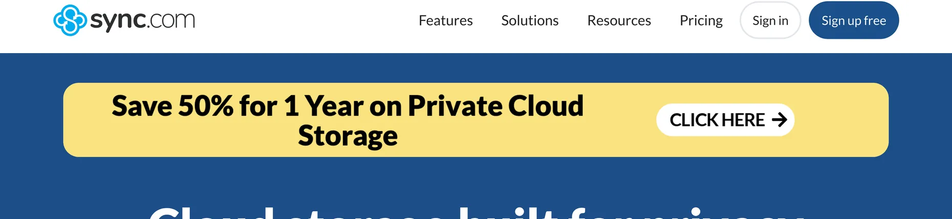 Sync.com homepage: Cloud storage built for privacy, with the line not even we can see them, and Try Sync Free and View Plans buttons
