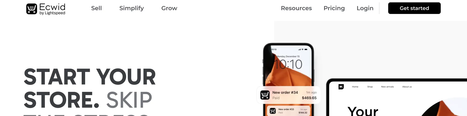 Ecwid by Lightspeed homepage: Start your store, skip the stress, launch your store in a snap, no transaction fees