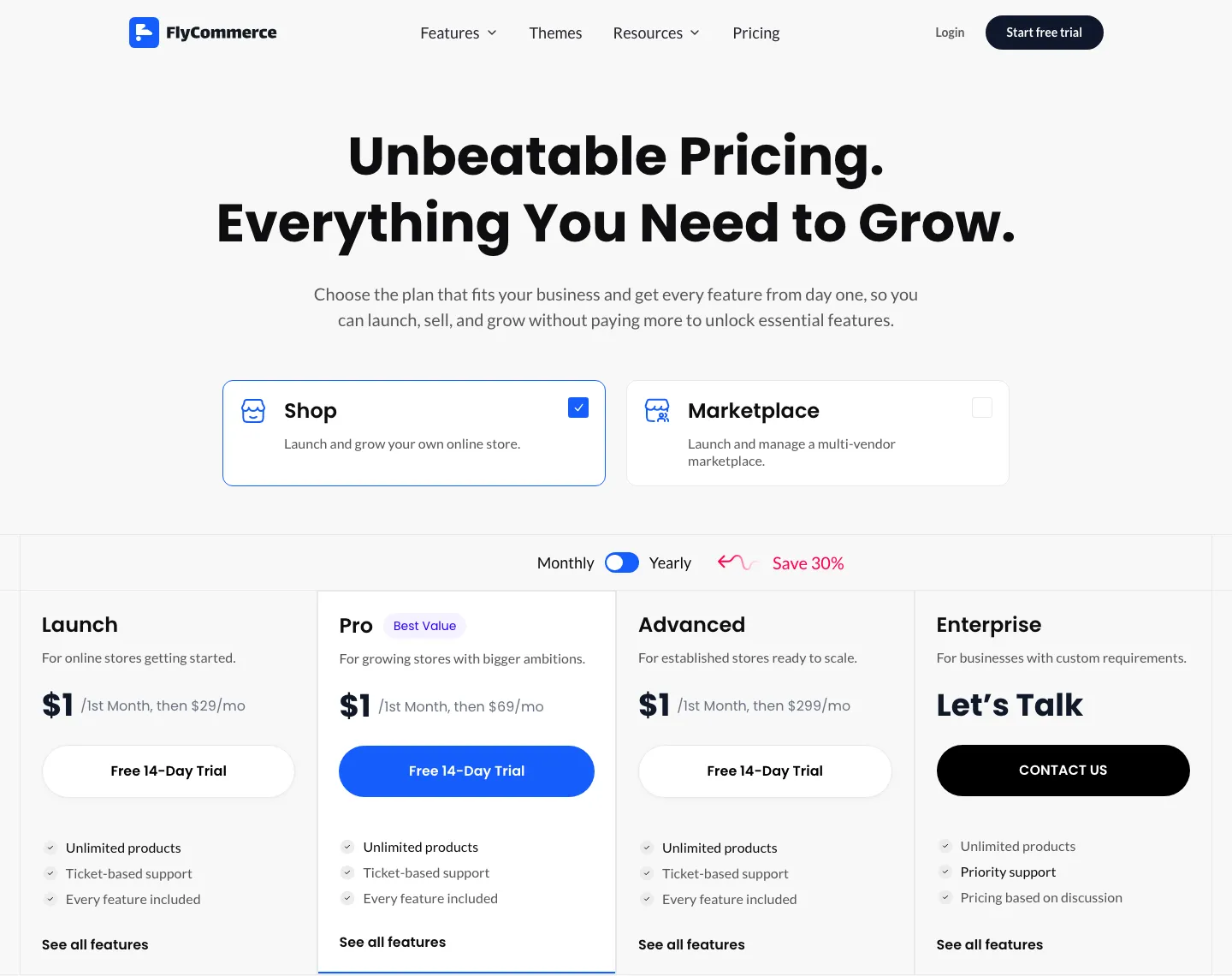 FlyCommerce pricing page: Unbeatable Pricing, Everything You Need to Grow, with Shop and Marketplace tabs and Launch $29, Pro $69 and Advanced $299 monthly plans, each with a 14-day free trial