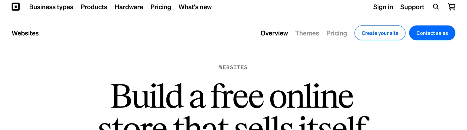 Square Online page: Build a free online store that sells itself