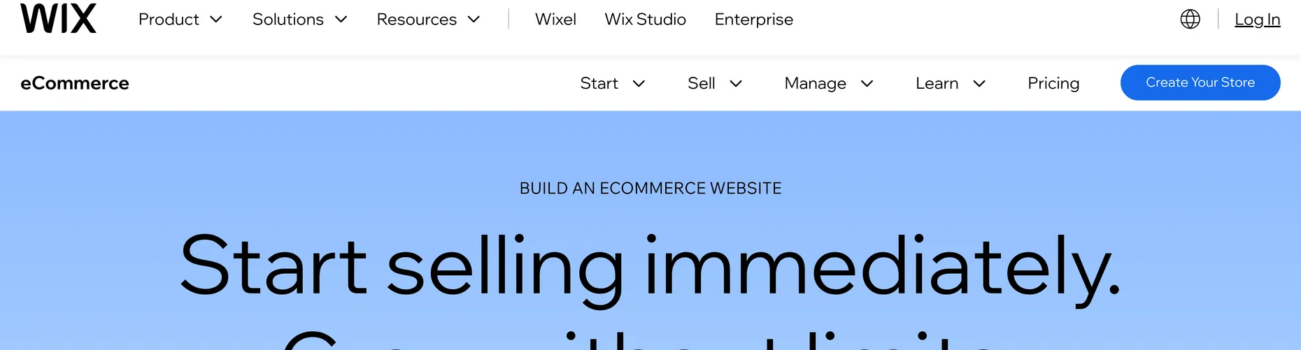 Wix eCommerce page: Start selling immediately, grow without limits, one AI-powered eCommerce platform