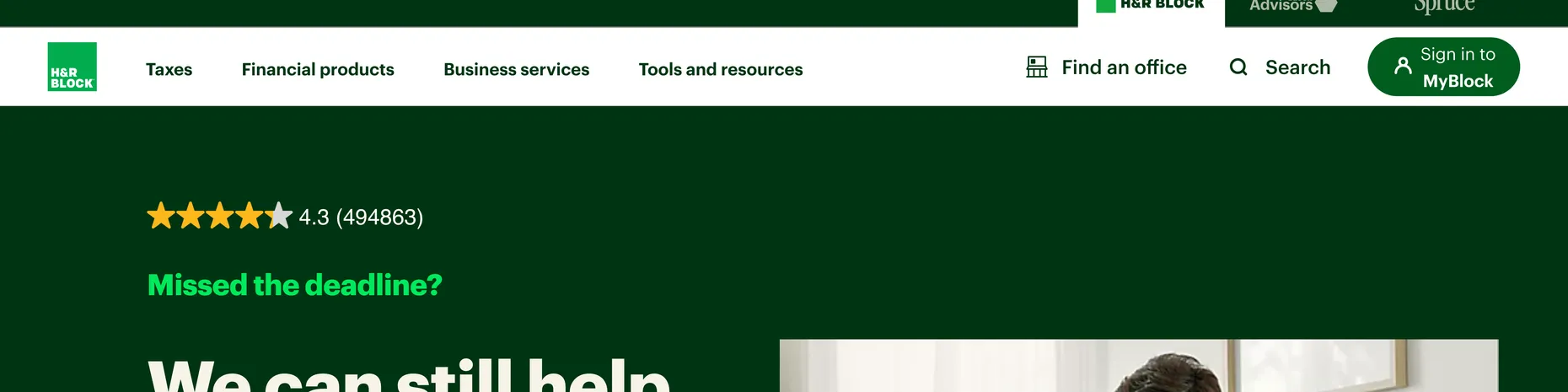 H&R Block online tax filing homepage with a 4.3 star rating