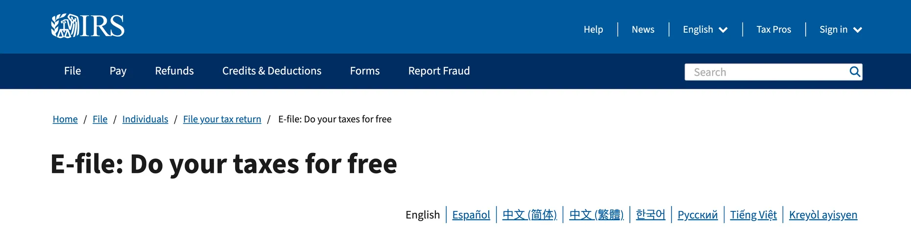 IRS Free File official page: e-file, do your taxes for free, for $89,000 adjusted gross income or less