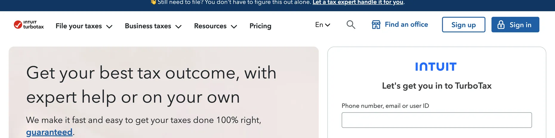 TurboTax homepage: get your best tax outcome, with expert help or on your own