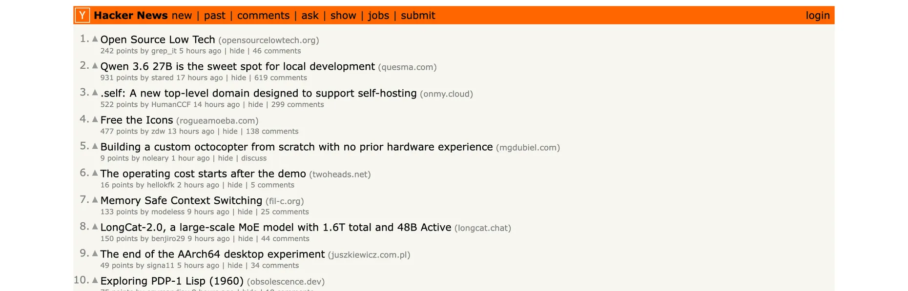 Hacker News homepage