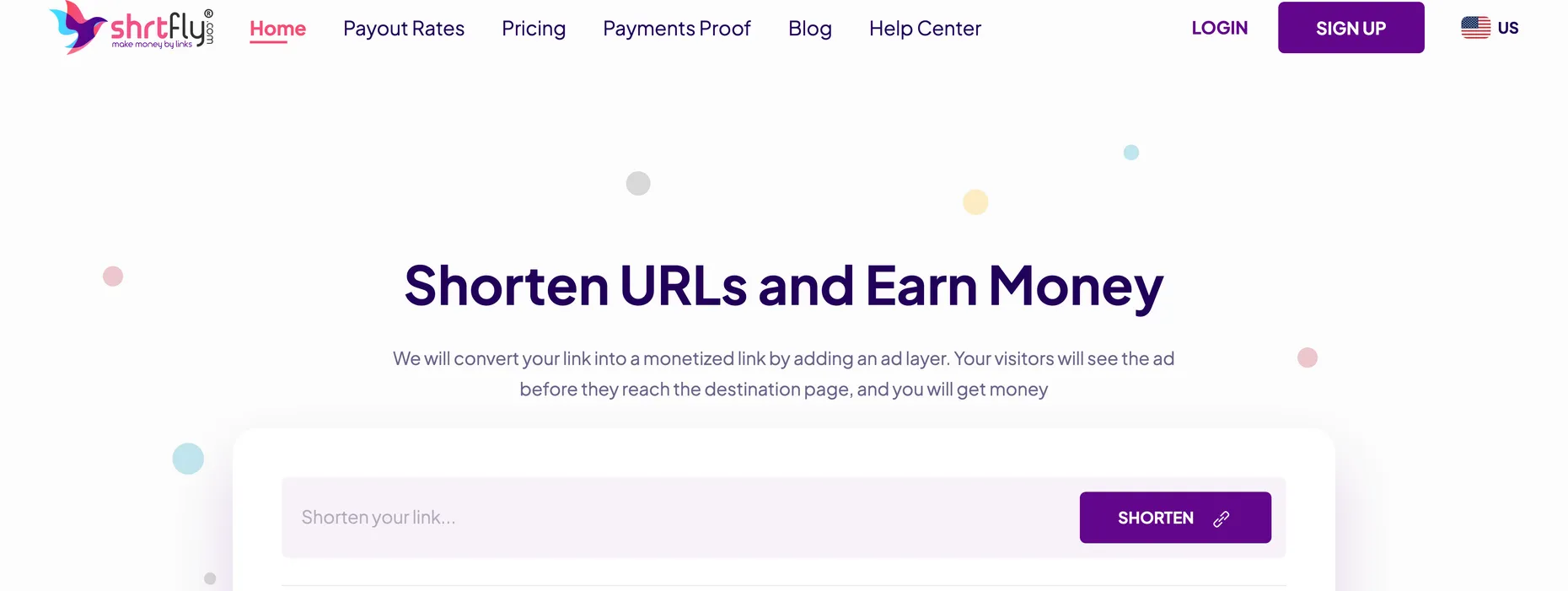 ShrtFly homepage with a Shorten URLs and Earn Money headline and a link box