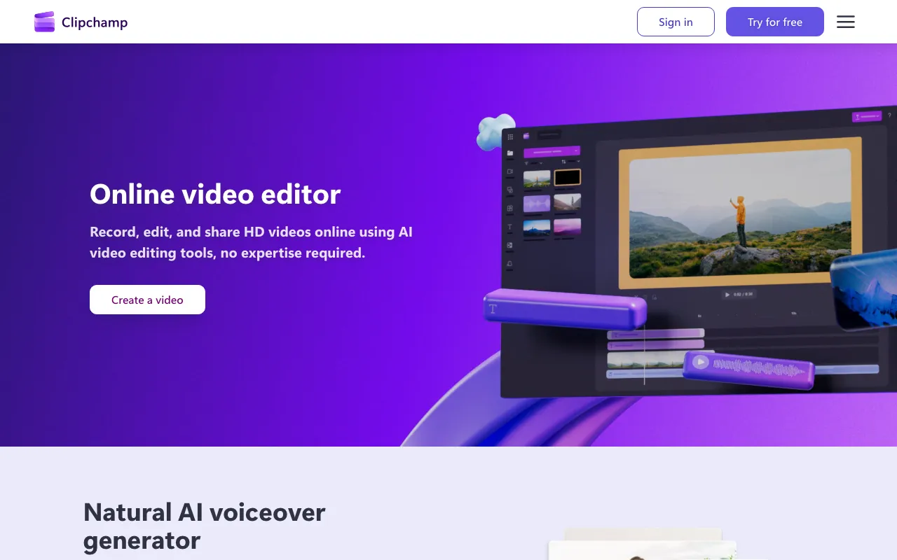 Microsoft Clipchamp homepage screenshot