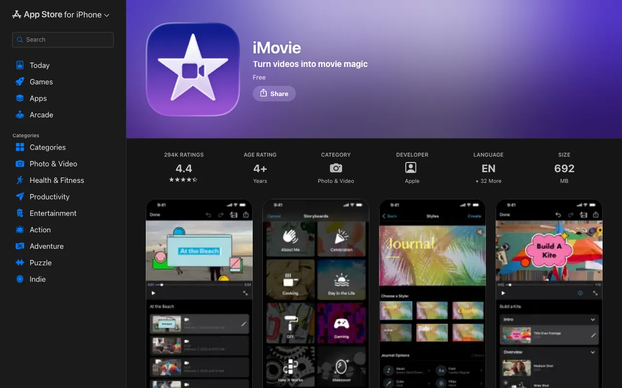 iMovie homepage screenshot