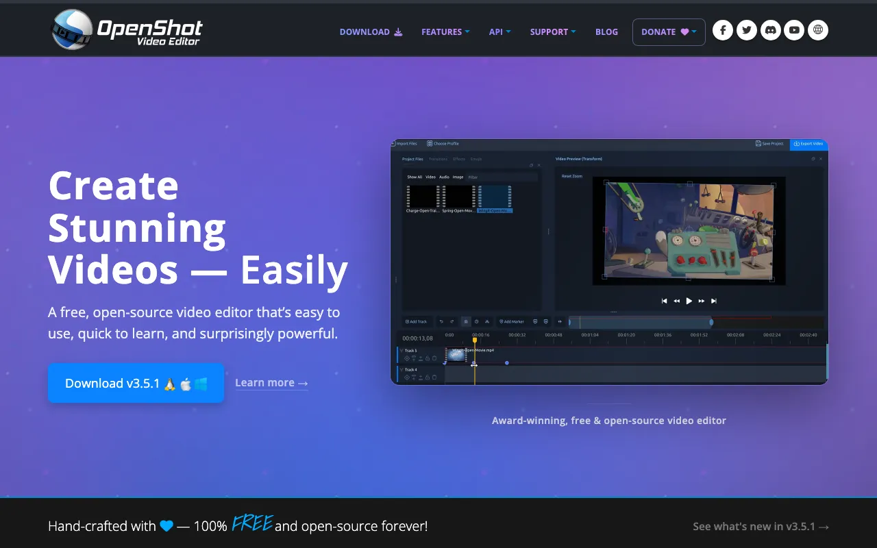 OpenShot homepage screenshot