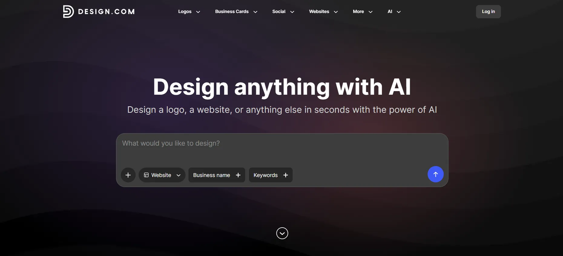 Design.com homepage: Design anything with AI, design a logo, a website, or anything else in seconds, with a prompt box set to Website