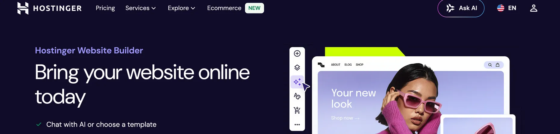 Hostinger Website Builder homepage: Bring your website online today, chat with AI or choose a template, get a domain for free, 30-day money-back guarantee