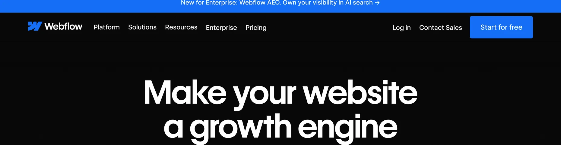 Webflow homepage: Make your website a growth engine, build your brand, rank in AI search, drive real revenue