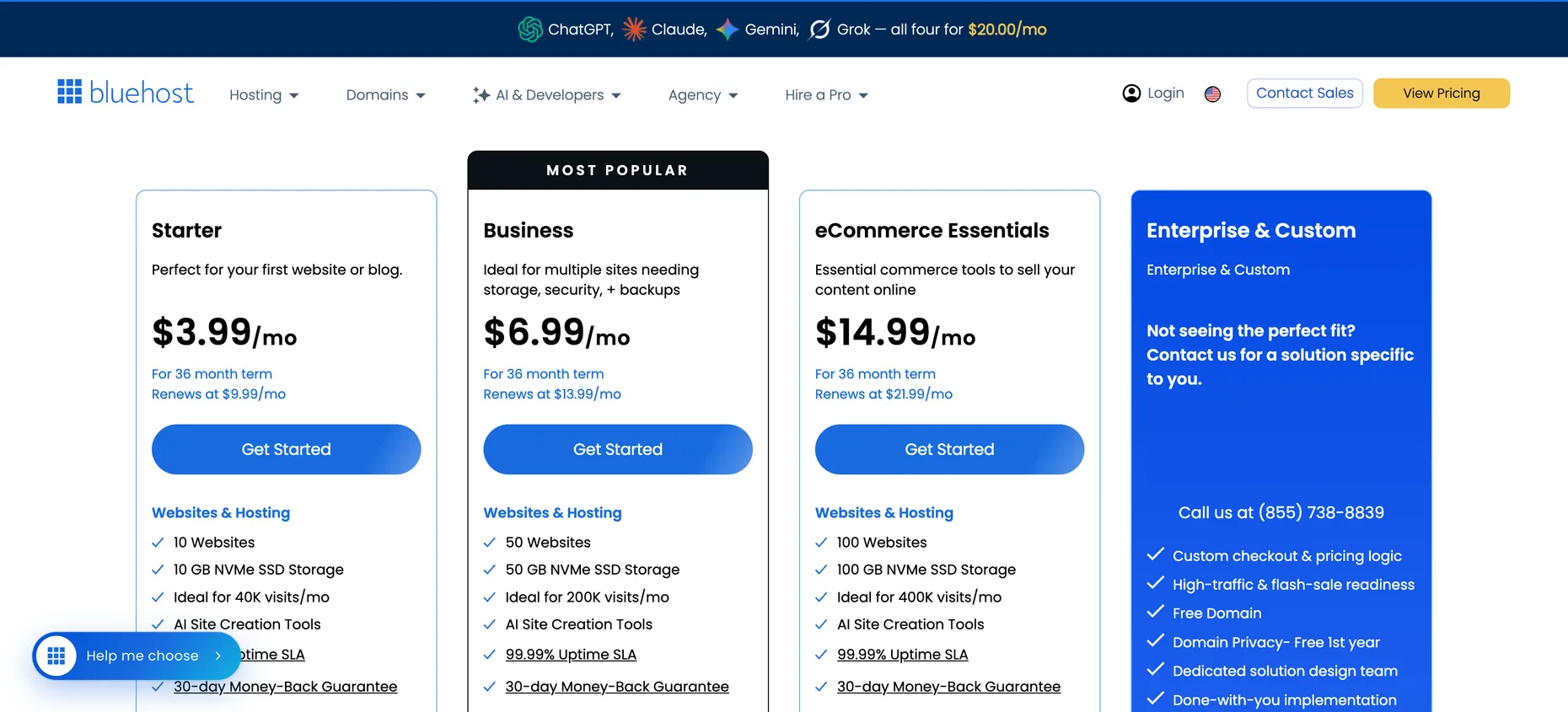 Bluehost shared hosting pricing showing Starter at $3.99 per month, Business at $6.99 and eCommerce Essentials at $14.99, each on a 36 month term with renewal prices of $9.99, $13.99 and $21.99
