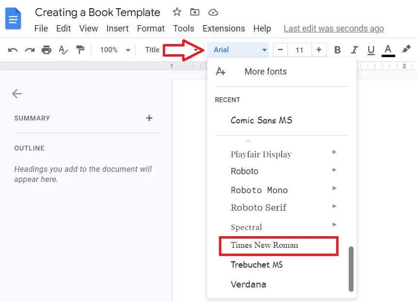 Google Docs font dropdown open with Times New Roman highlighted