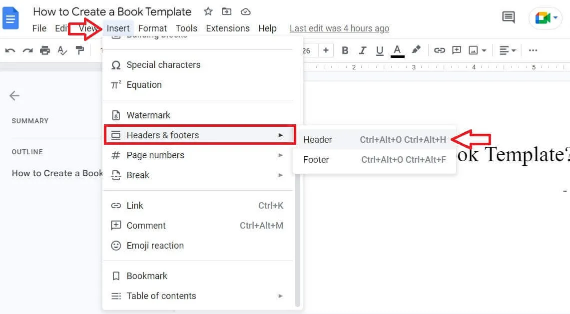 Google Docs Insert menu showing Headers and footers expanded with Header and Footer options