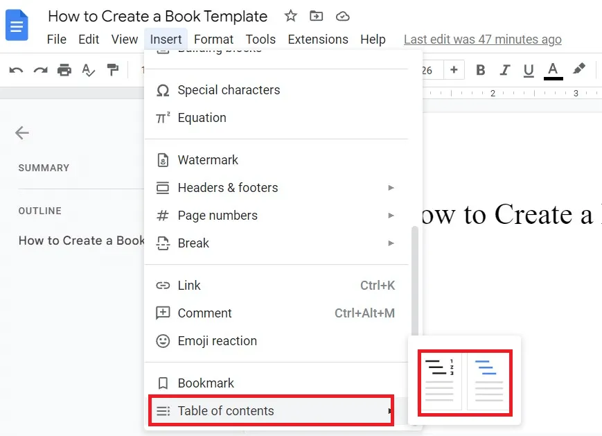 Google Docs Insert menu with Table of contents highlighted, showing the two table-of-contents styles