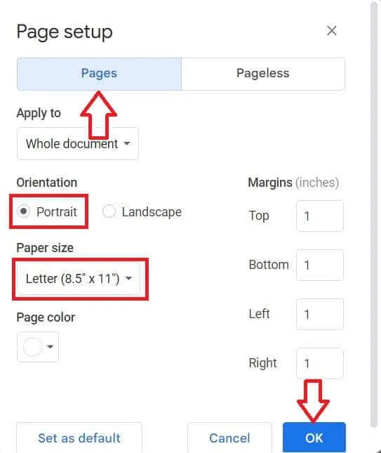 Google Docs Page setup dialog showing Portrait orientation, Letter 8.5 by 11 inch paper size and 1 inch margins