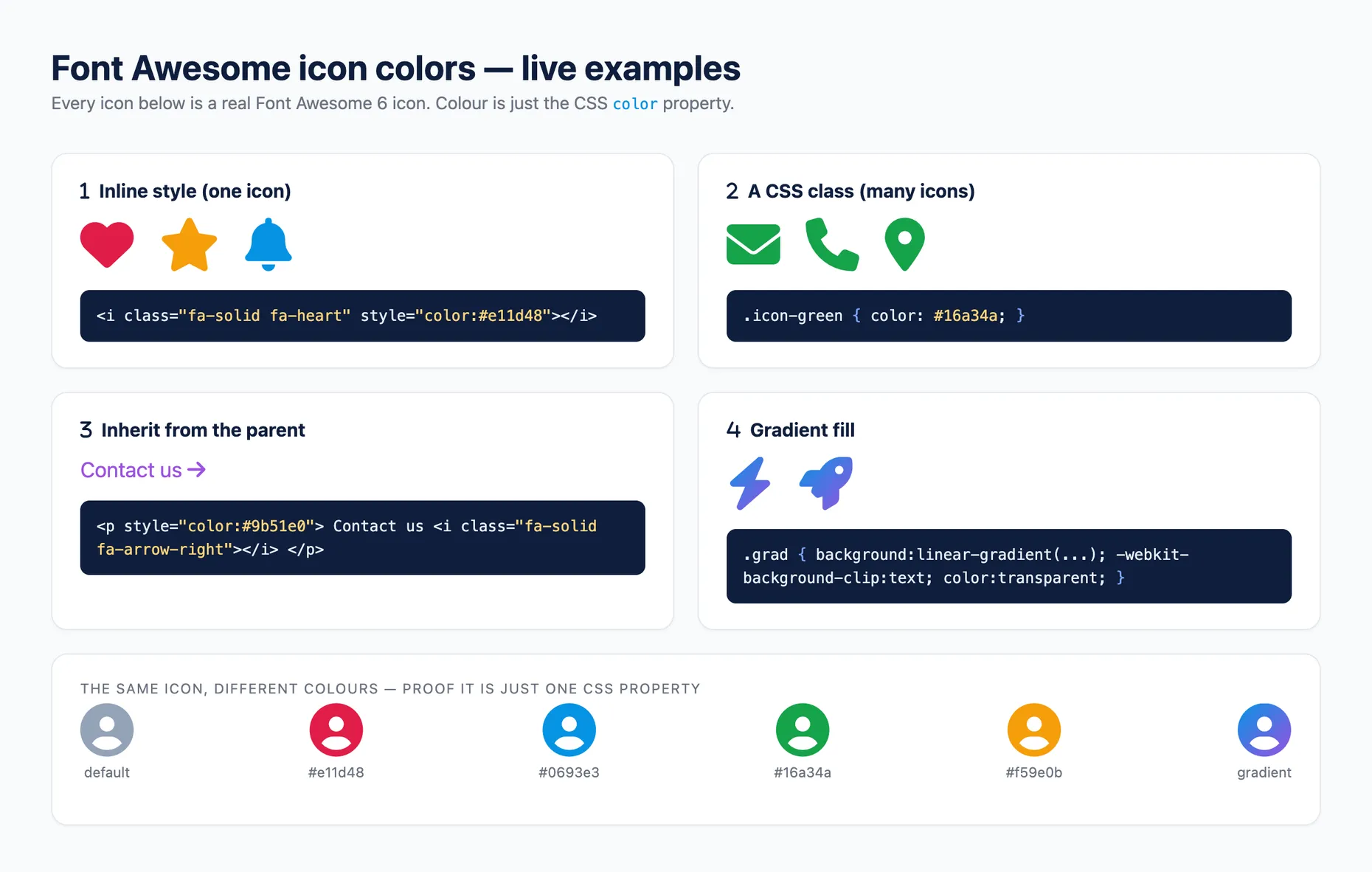 A grid of real Font Awesome icons in different colours: a red heart, amber star, blue bell, green contact icons, a gradient bolt, and the same user icon shown in six colours