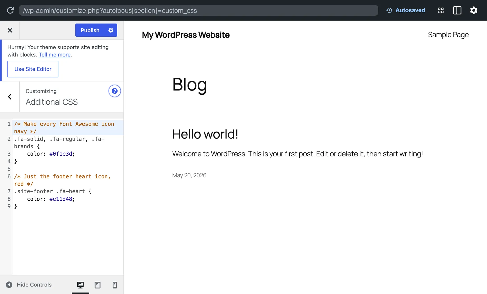 The WordPress Customizer Additional CSS panel with a rule setting Font Awesome icons to navy and the footer heart icon to red