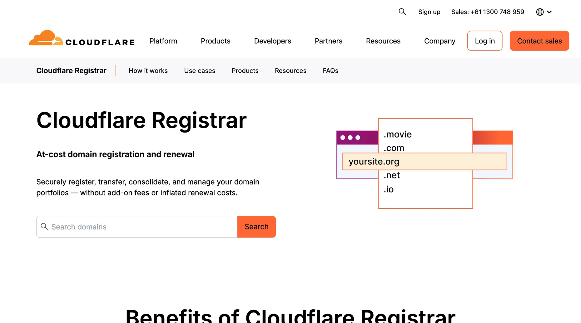 Cloudflare Registrar product page showing at-cost domain pricing
