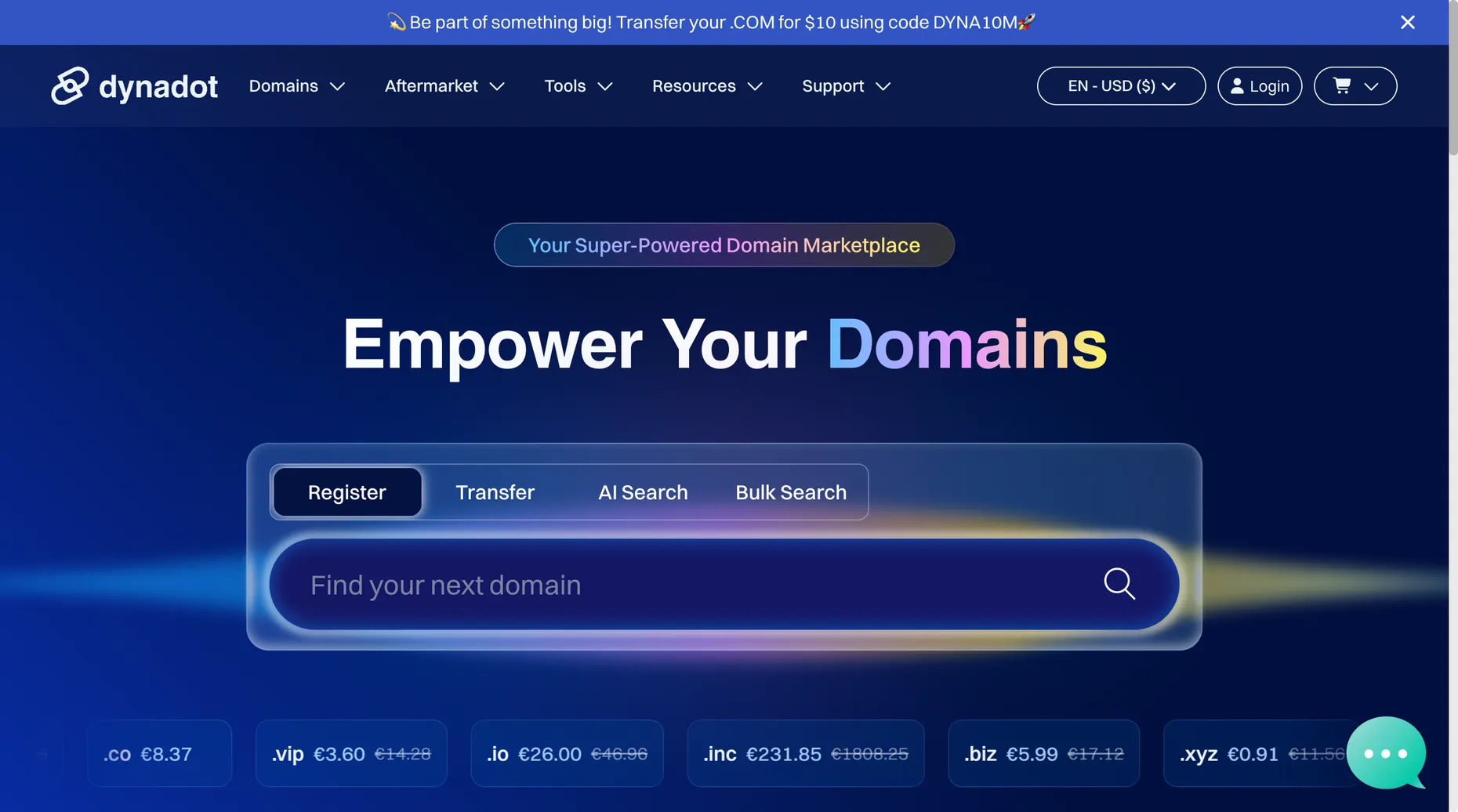 Dynadot domain registration homepage