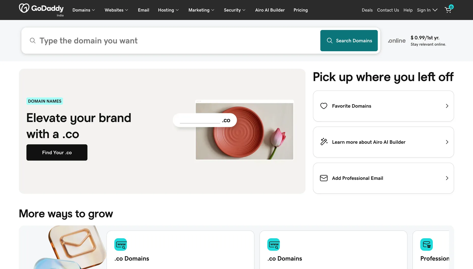 GoDaddy domain search homepage