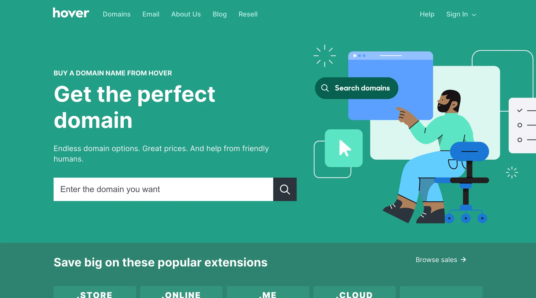 Hover domain names homepage