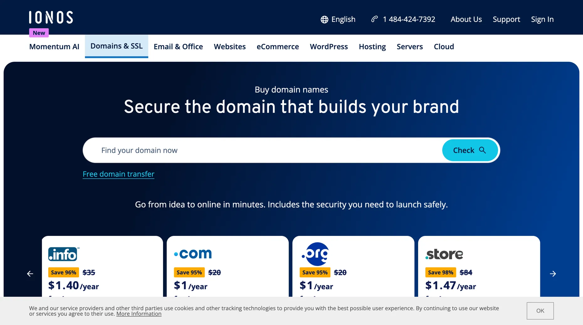 IONOS domain names pricing page